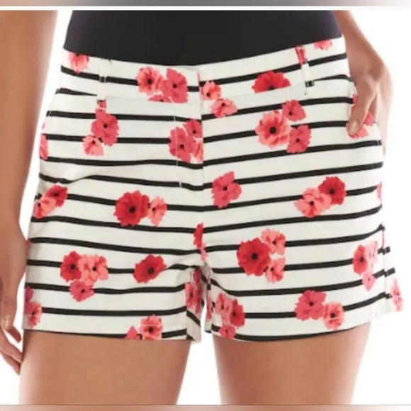 Elle Striped Floral Chino Walking Shorts‎ Women Pink Black White Size 12 - Picture 10 of 14